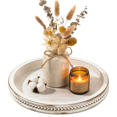 Decorative Tray for Coffee Table: 11.8" Round Whitewashed Wood Tray for Rustic Farmhouse Living Room Kitchen Island Entryway Home Décor