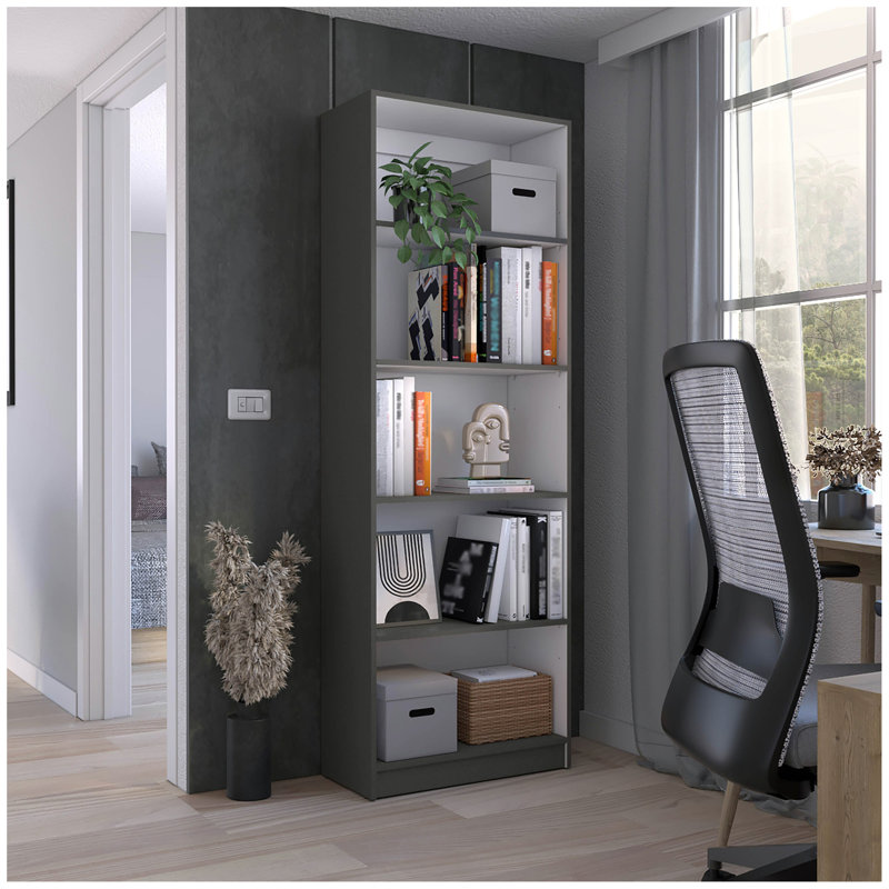 Home 4 Shelves Bookcase With Multi-Tiered Storage -Matt Gray / White -Office, White/Gray