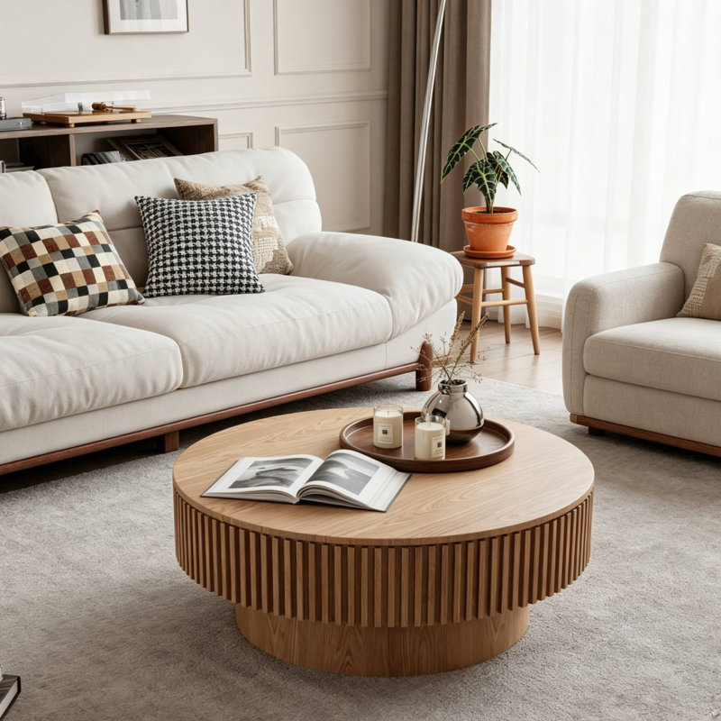 Table basse ronde en MDF avec rangement, Chêne, H 13,78 po x L 39,37 po x l 39,37 po
