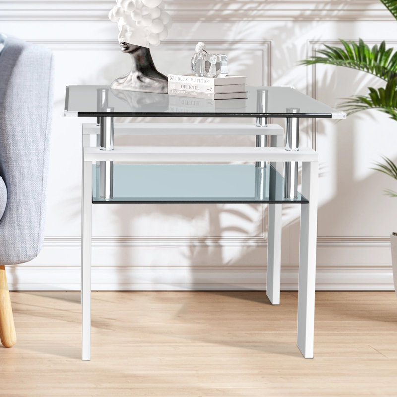 Table d'appoint avec plateau en verre transparent, Blanc