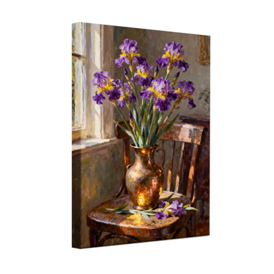 Plants & Flowers Purple Irises In Copper Vase On Chair