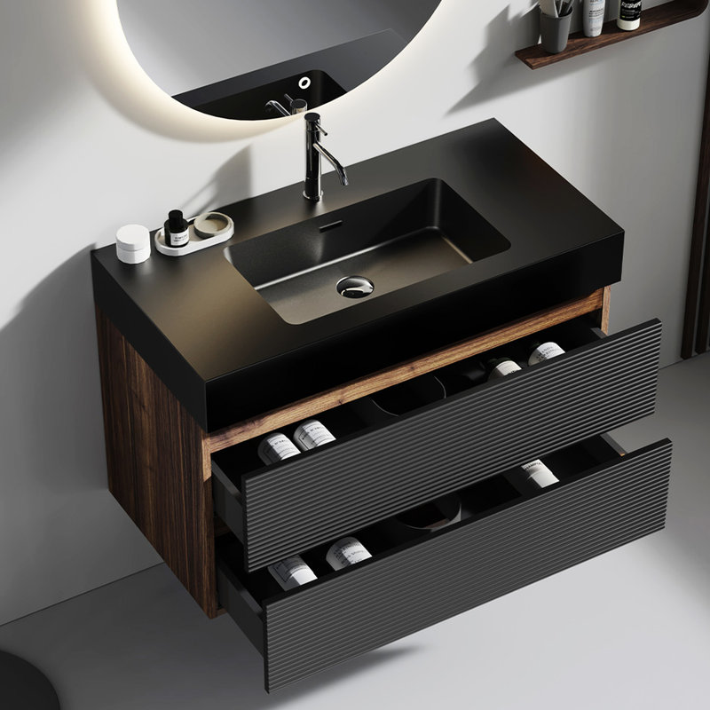 Meuble-lavabo mural Mid-Century moderne noir et noyer