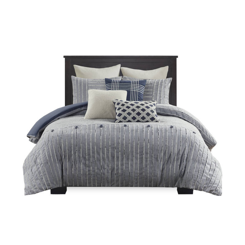 Blue Cotton Queen Comforter Set with Decorative Pillows