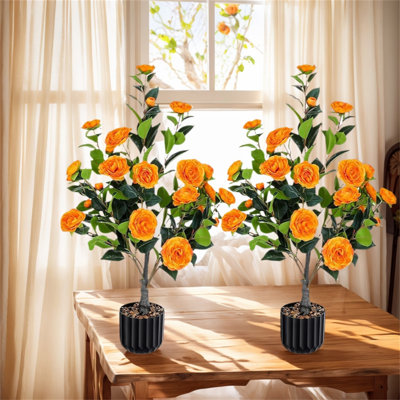 Artificial Camellia Tree 2 Pack, 36"Faux Camellia Plant In Pot With Orange Flowers, Greenery Potted Plant For Indoor Outdoor Office Home Porch Decor, Orange,Gift For Mother's Day