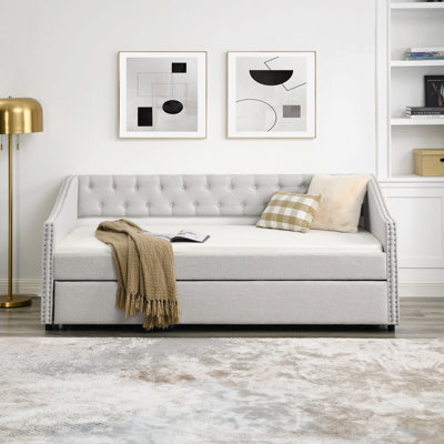 Daybed With Twin Size Trundle Upholstered Tufted Sofa Bed, With Button On Back And Copper Nail On Waved Shape Arms