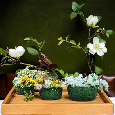 ??modern Striped Antique Green Ceramic Planter Set - 3-pack With Drainage Hole