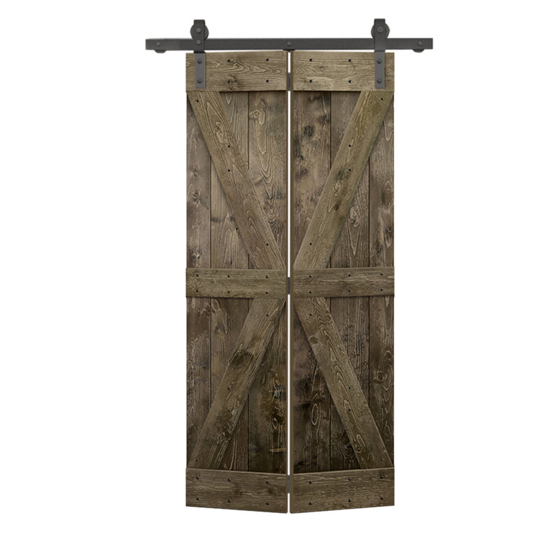 Porte de grange pliante en bois de pin avec quincaillerie coulissante, Espresso, 30 po x 84 po