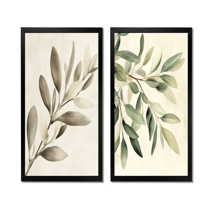 Branche d'olivier d'eucalyptus doux III - Deux impressions encadrées d'eucalyptus, 32" H x 32" W, Black Picture Framed