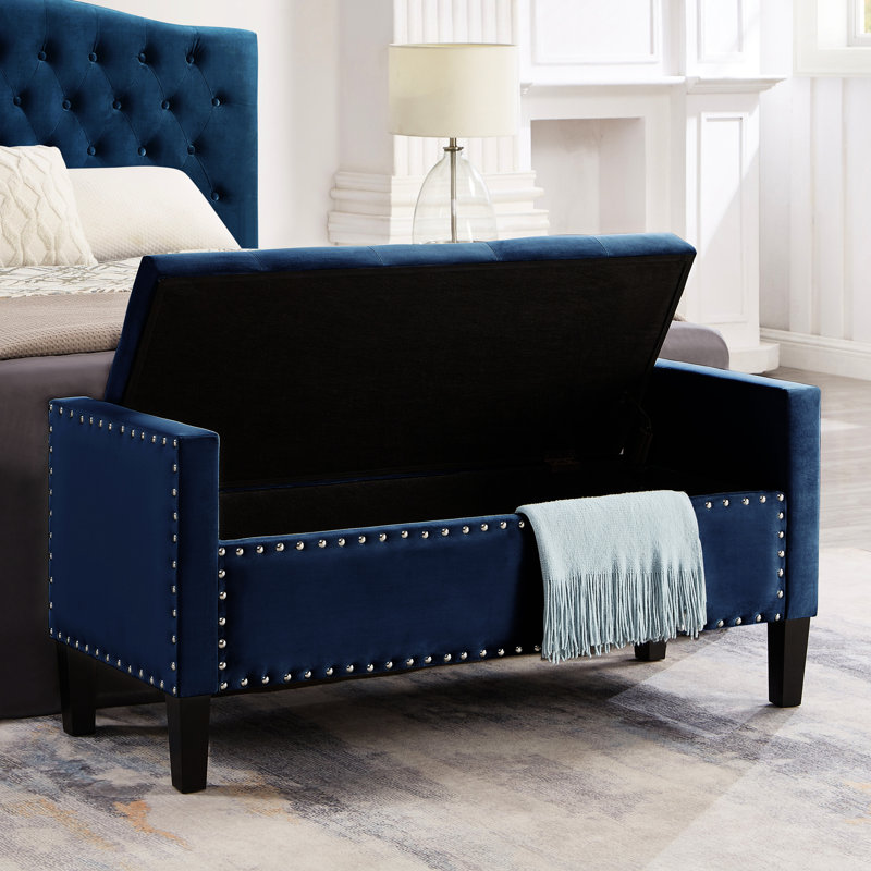 Banc de rangement rembourré en velours Bench-24-1.4, Bleu marine