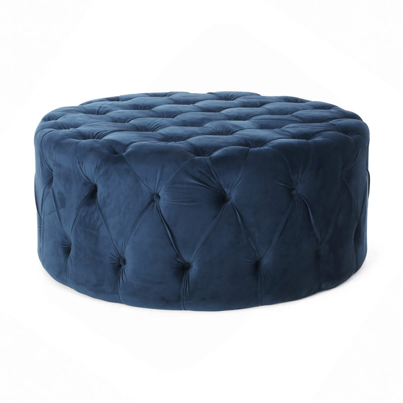 Velvet Round Tufted Ottoman, Blue