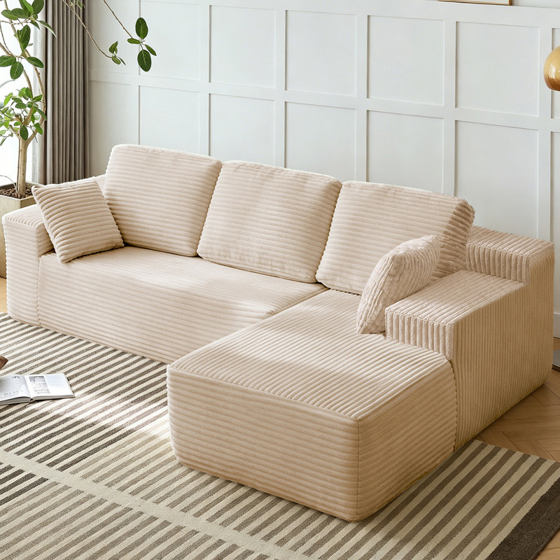 Compression-Boneless 96" L-Shaped Cloud Sectional Sofa with Oversized Chaise, Modular 3-Seater Corduroy Couch for Living Room & Bedroom, Deep Seat No Assembly Required（Beige.Right Hand Facing)