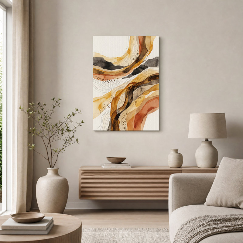 Tableau abstrait sur toile à motifs de vagues topographiques ocre et rouille, H 18 po x l 12 po