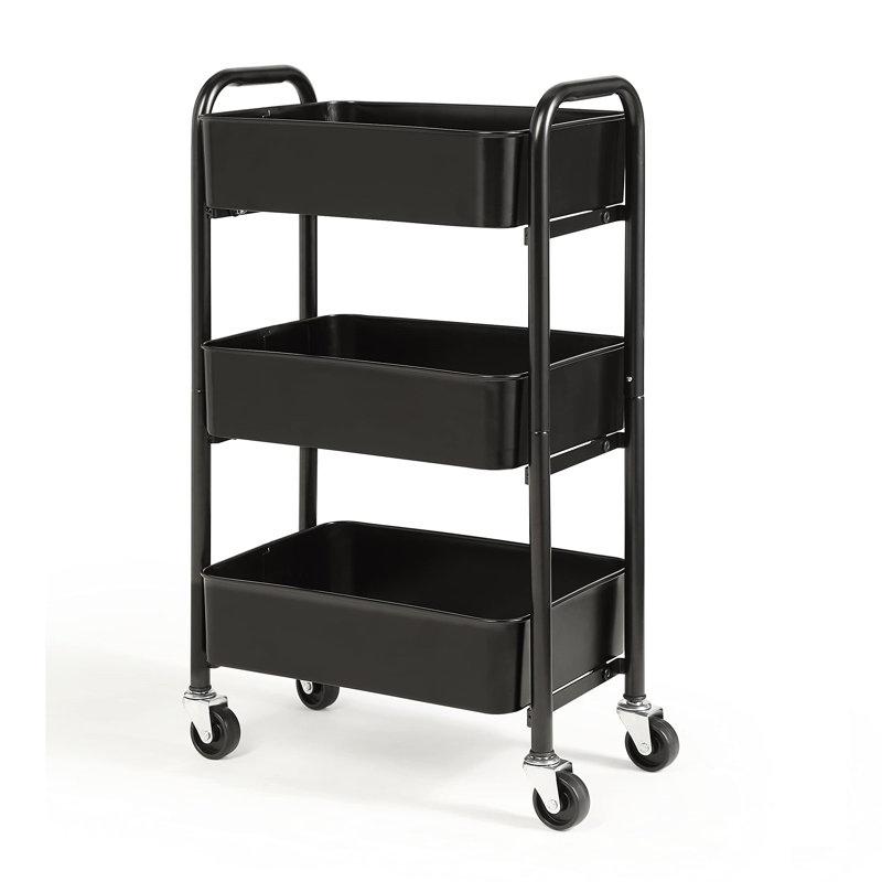 3-Tier Under Desk Mobile Utility Cart with Metal Storage Organizer, Black