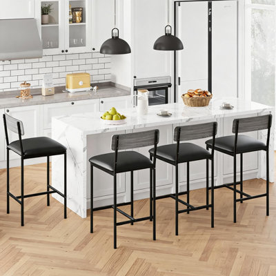 Ensemble de tabourets de bar, tabourets à hauteur de comptoir de 4 tabourets d'îlot de cuisine de 25,5 pouces avec coussin épais et dossier en bois pour la salle à manger, la cuisine, le comptoir de bar, gris