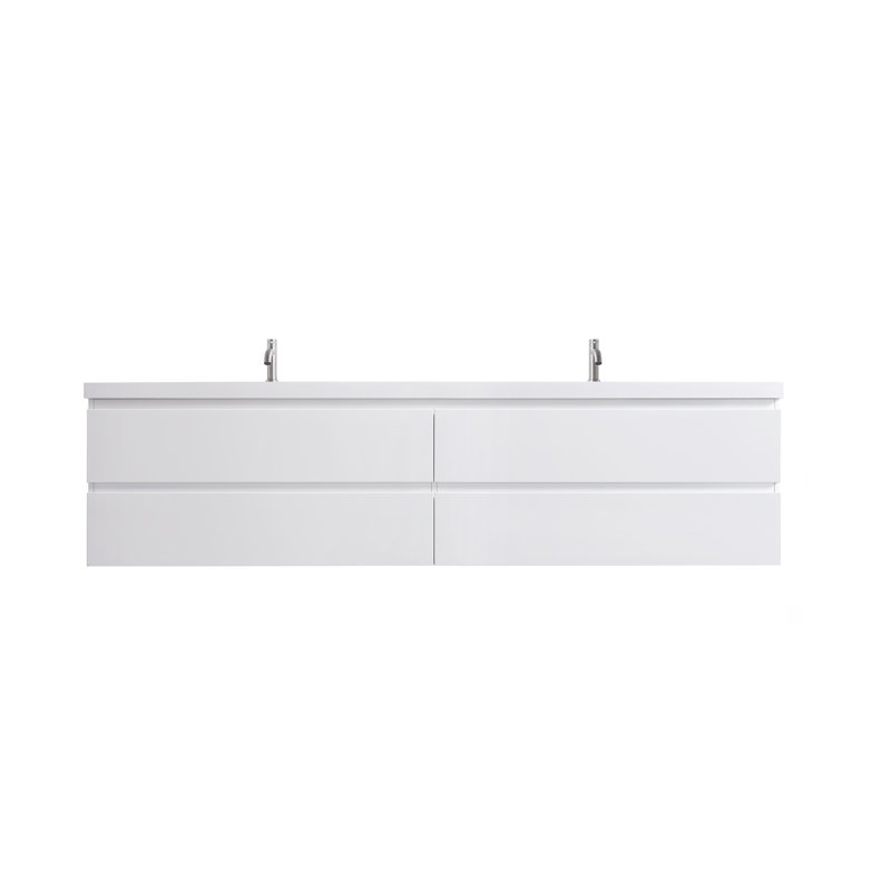 84" White Plywood Floating Double Sink Vanity with Resin Top