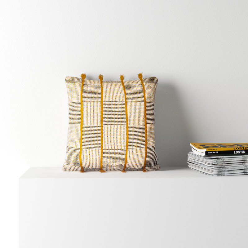 18'' Beige and Black Embroidered Cotton Throw Pillow