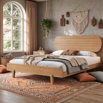 Lit plateforme en bambou massif avec tête et pied de lit arrondis, cadre de lit en bambou minimaliste moderne pour appartement dans la chambre d'amis