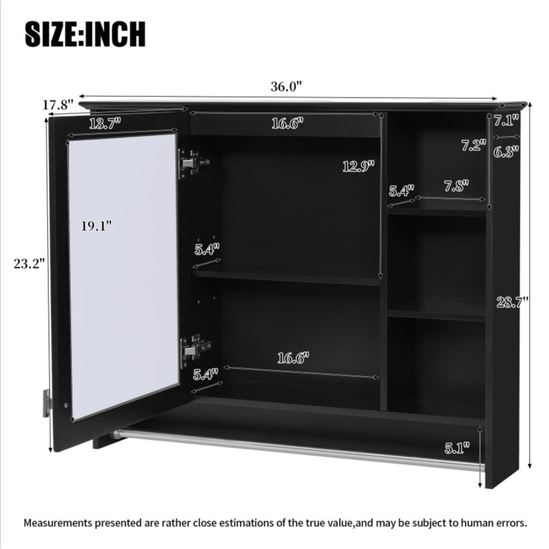Armoire à pharmacie murale l 36 "x P 7,1" avec charnières à fermeture douce, tablette et support réglables, Noir