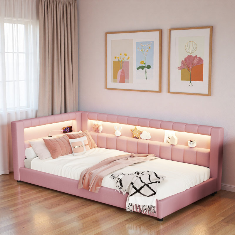 Upholstered Daybed With Usb Ports And Led Light Strips, Twin Extra-Long, Pink