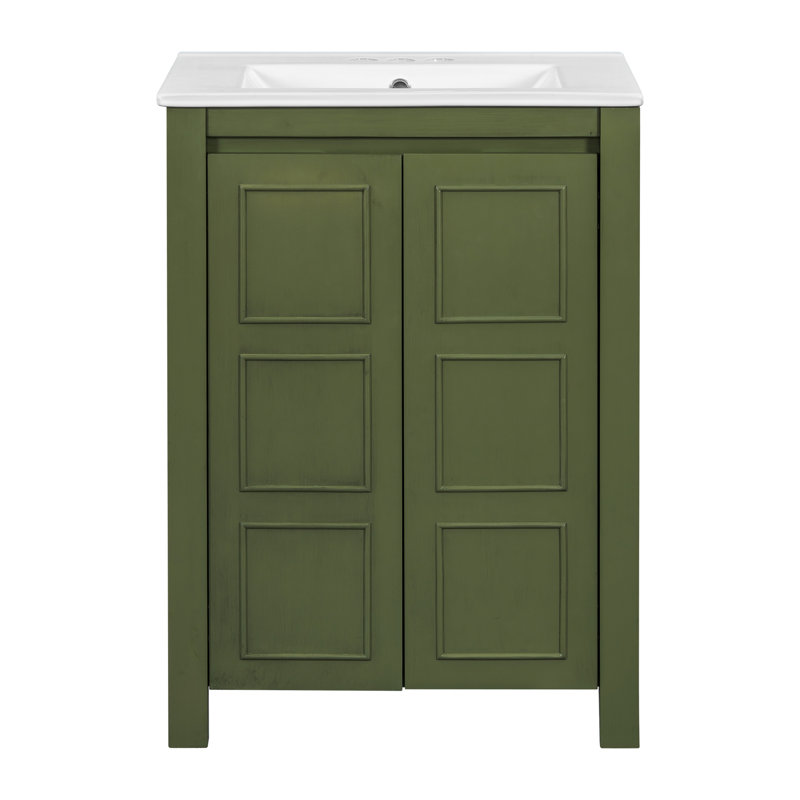 Meuble-lavabo de 24 po avec lavabo rectangulaire en céramique, structure en bois massif, panneaux latéraux, cadre à fermeture en douceur