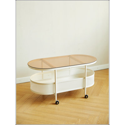 Movable Oval Metal And Glass Coffee Table With Storage, Perfect For Modern And Organized Living Spaces