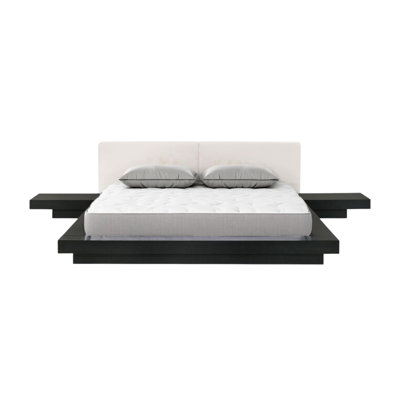 Structure de lit grand noir et blanc en bois massif et similicuir