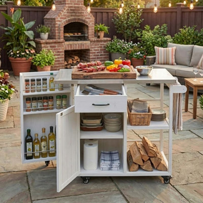 Chariot de cuisine pour îlot de cuisine extérieur avec plateau en acier inoxydable, armoire à épices cachée, tiroir et tablettes ouvertes pour la cour et le jardin