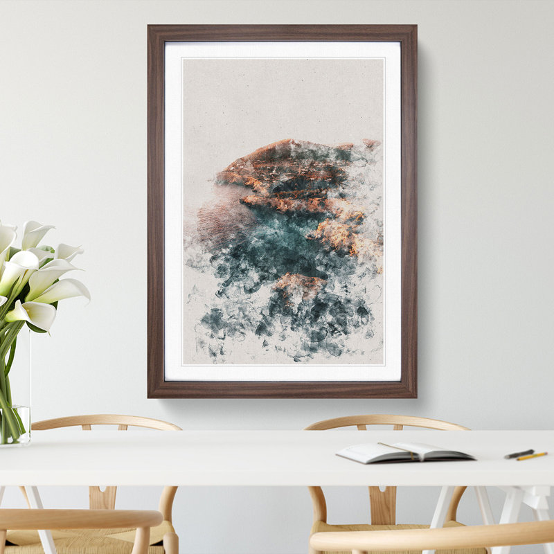 Coastline of Ibiza in Spain - Picture Frame Painting on MDF, 65cm H x 48cm W x 2cm D, Walnut