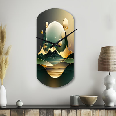 Dreamy Golden Mountain III - Marble Cylinder Metal Wall Clock, Green Asymmetrical Clock Print