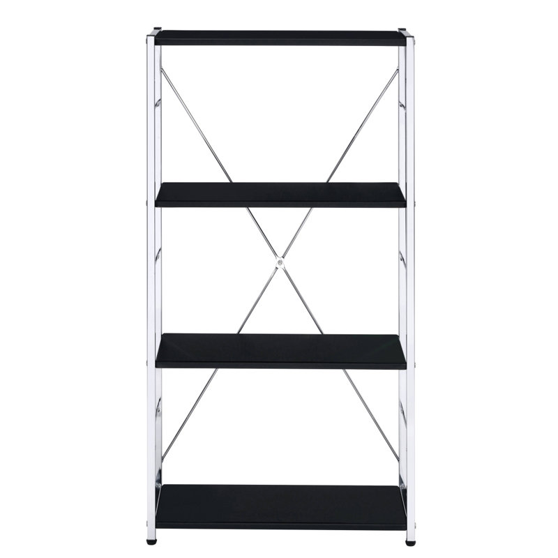 Black And Chrome 4-Tier Rectangular Bookshelf, (4 Shelves)  42.57" H x 24.57" W x 11.57" D, Black