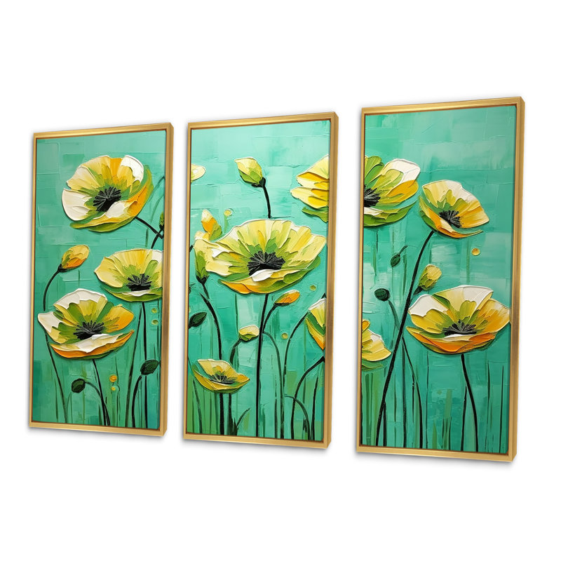 Emerald Elegance Poppies In The Breeze - ensemble de reproductions d'art mural coquelicots, Cadre flottant doré
