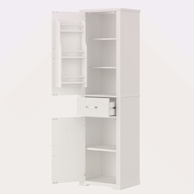 Grande armoire de rangement pour salle de bain, armoire de rangement autoportante avec quatre portes de tailles différentes et tablette réglable, conception à étagère de porte, panneau de fibres à densité moyenne avec finition peinte