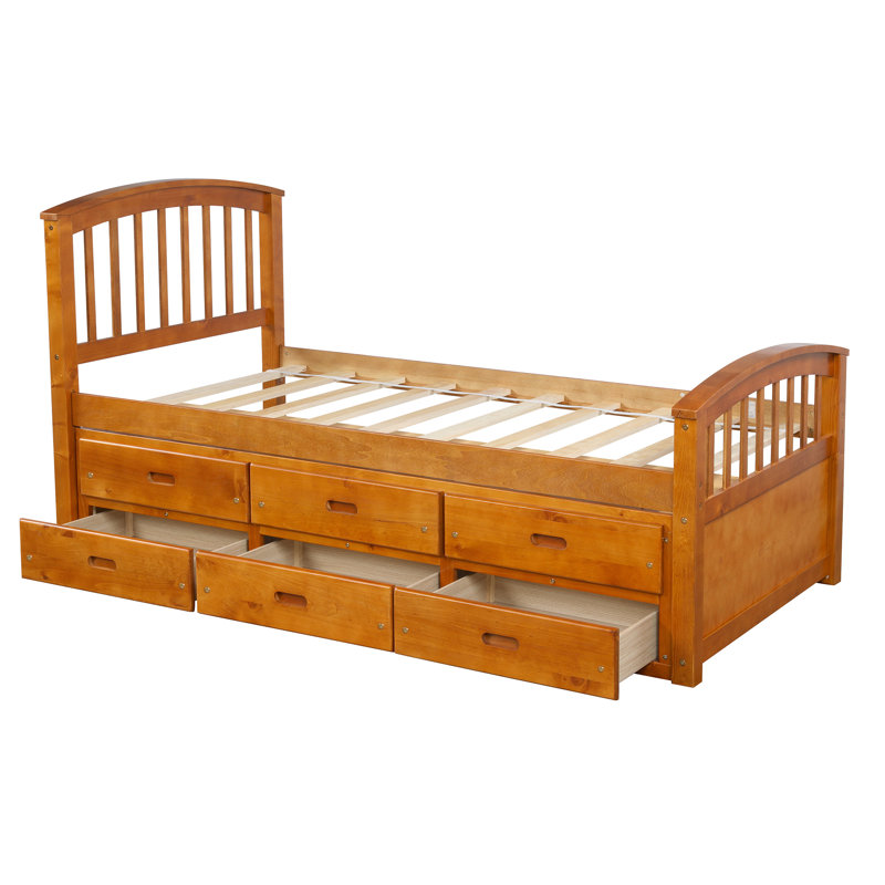 Herminio Solid Pinewood Twin Bed Frame with Drawers and Slat Support Storage Bed, Oak