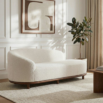 Chaise longue rembourrée, conception de relaxation incurvée, structure en bois massif, siège rembourré Bouclé, salon de style Mid-Century moderne, salon