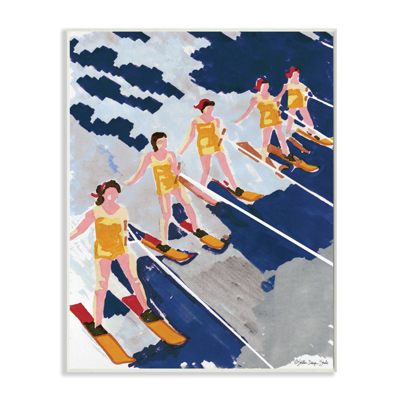 «Retro Waterski Women», peinture à l'aquarelle bleue et jaune surdimensionnée par Stellar Design Studio, Plaque murale
