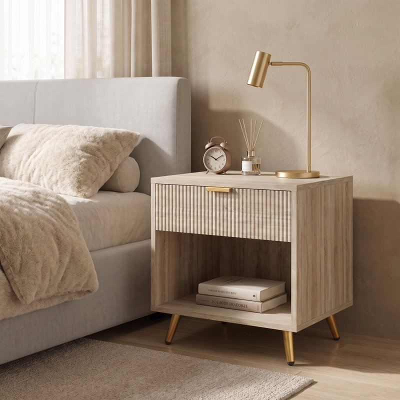 Bedside Table with 1 Drawer and Open Shelf, Natural Wood Finish, Ribbed Front, Gold Metal Legs, 50x40x47cm