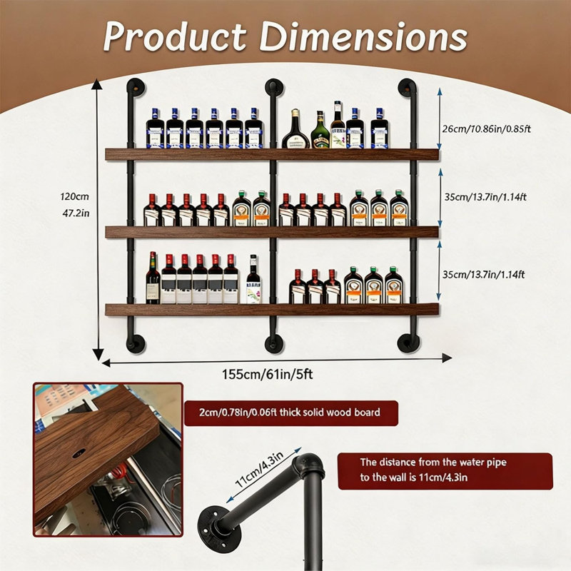 Casier à vin mural de 61 po à 3 niveaux, style industriel, avec éclairage DEL, 47.2" H x 61" W x 7.8" D