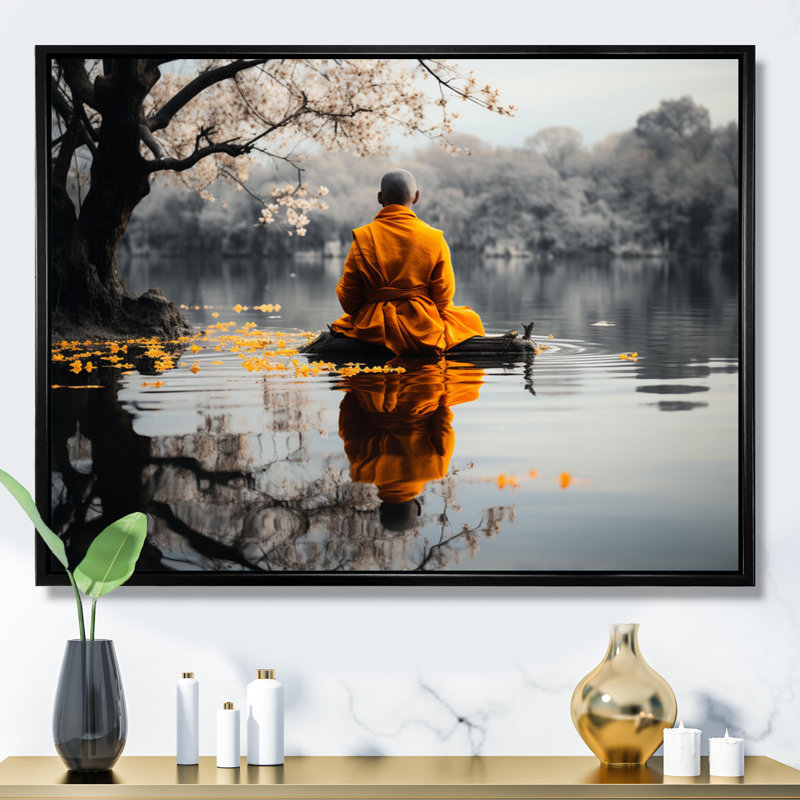 Moine thaïlandais à réflexion silencieuse, Cadre flottant noir, H 30 po x l 40 po x P 1,5 po