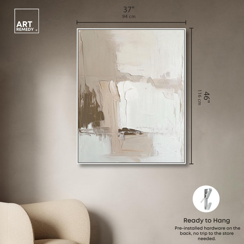 Toile pâle texturée «Silence I Neutral Boho» par Art Remedy, H 46 po x l 37 po, Cadre flottant blanc