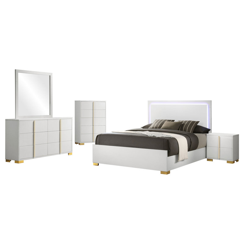 Sabrielle 5-piece Eastern King Bedroom Set White, King, White, 5 Pcs: Bed, Nightstand, 2 Dressers, Mirror
