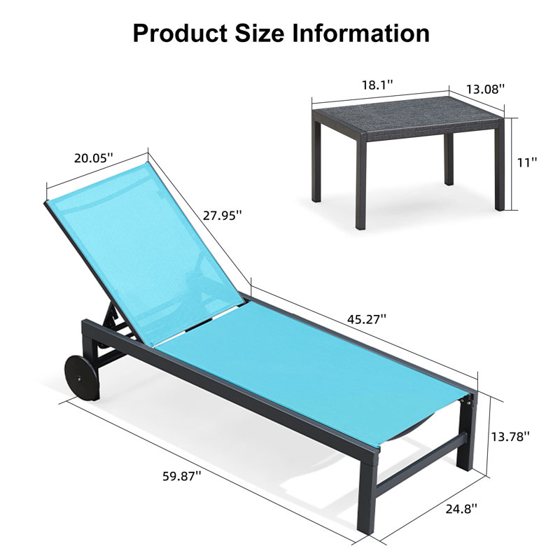  Outdoor Rust-Resistant Metal Chaise Lounge with Table (Set of 4), Blue