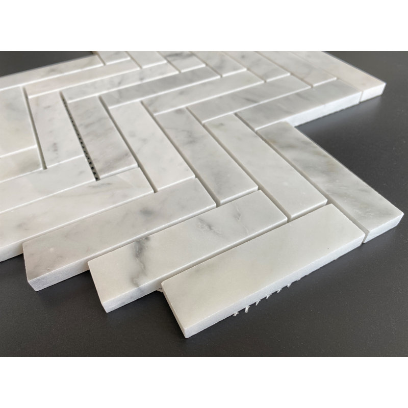 1" x 4" Marble Herringbone / Chevron Mosaic Wall & Floor Tile, White Carrara