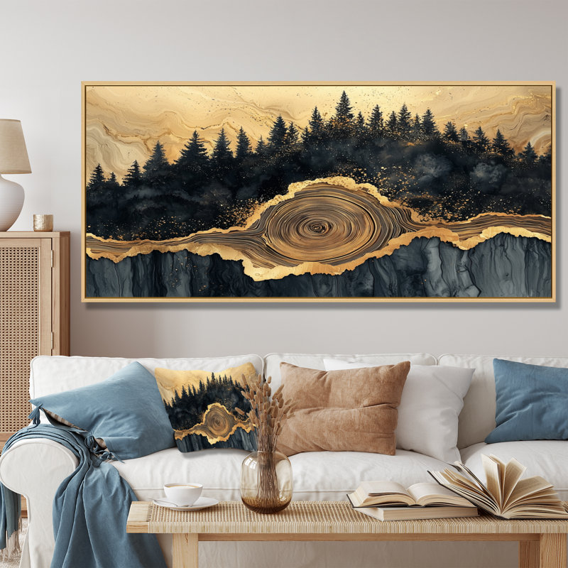 Forêt forêt de cristal onyx noir II - forêt, art mural, H 28 po x l 60 po, Cadre flottant, Doré