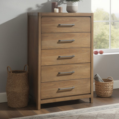 Cery Tall Dresser Chest, 5 Drawer With Pewter Bar Handles, Brown