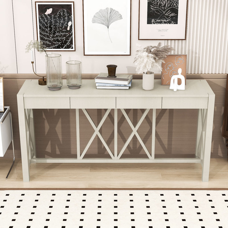 Table d'entrée élégante avec pieds en bois, design en X chic, Beige