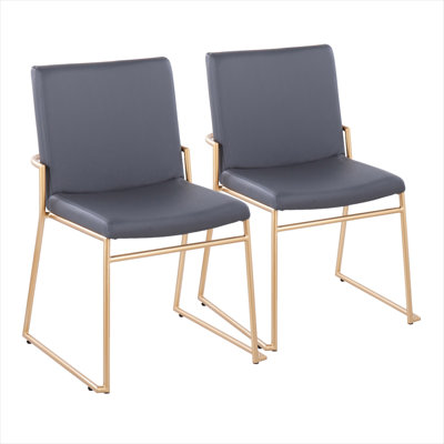 Gray Faux Leather Upholstered Side Chair Set of 2 with Gold Steel Frame for Dining Room