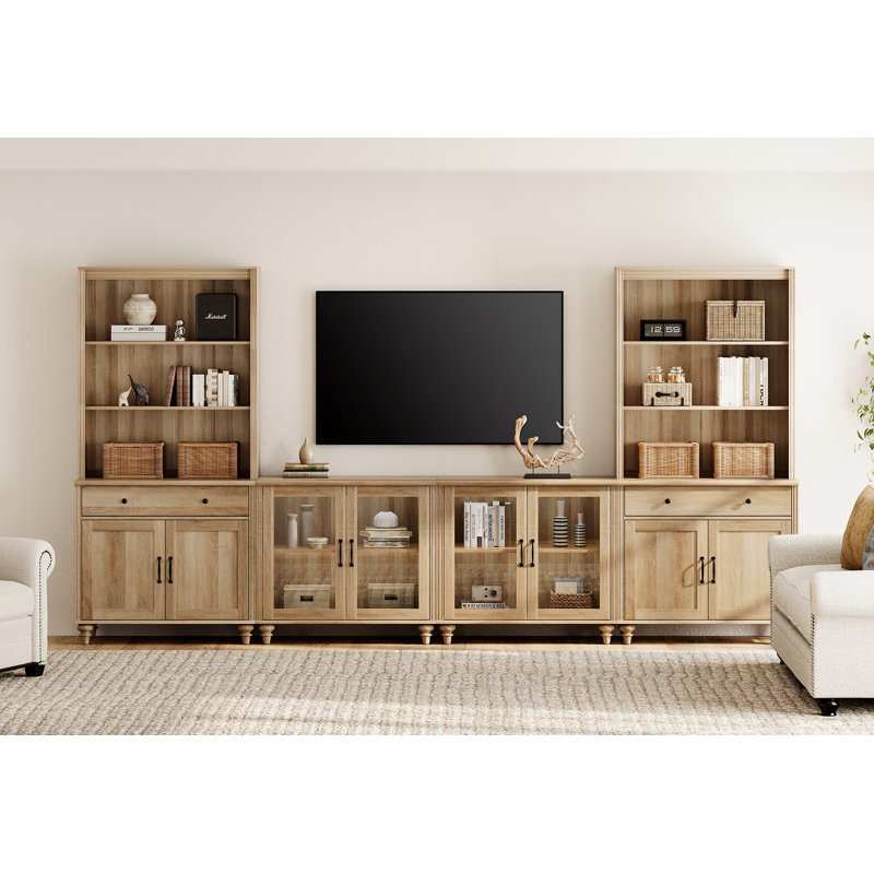 Scarlett 135.4" W Solid and Manufactured Wood Entertainment Center , Oak