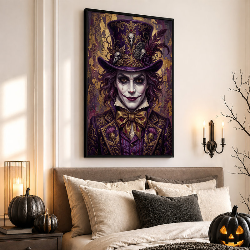 «Theatrical Man in Purple Top Hat with Skulls and Halloween», art mural sur toile, 18"H x 12"W