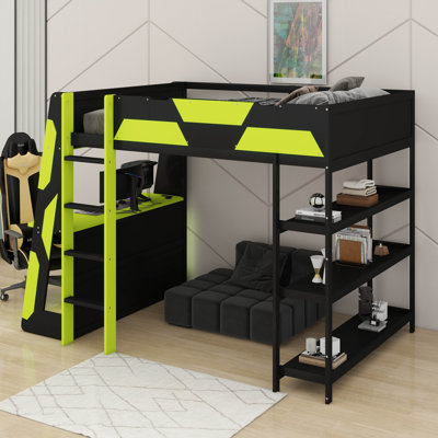 Gaming Loft Bed With Desk And Storage Shelves, LED Lights, Wood Loft Bed With USB Charging Stations