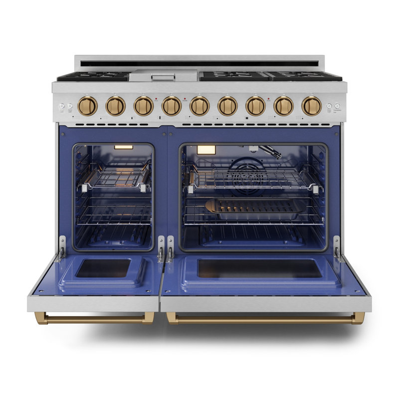 Cuisinière professionnelle au propane liquide 48 pouces avec panneau inclinable Gordon Ramsay de THOR Kitchen en acier inoxydable / bronze